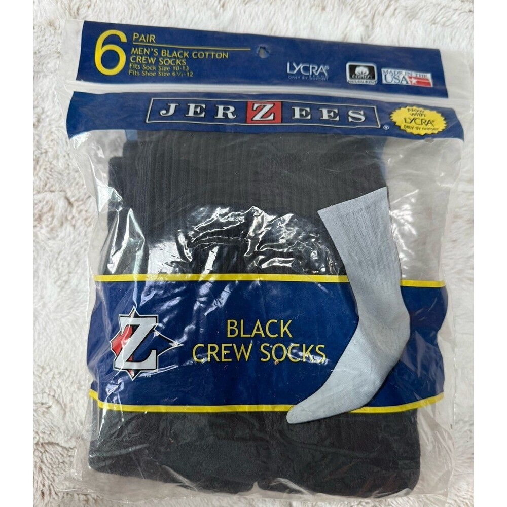 Vtg 90s Jerzees Black Crew Socks 6 Pair Pack Men's Size 10-13 Deadstock New